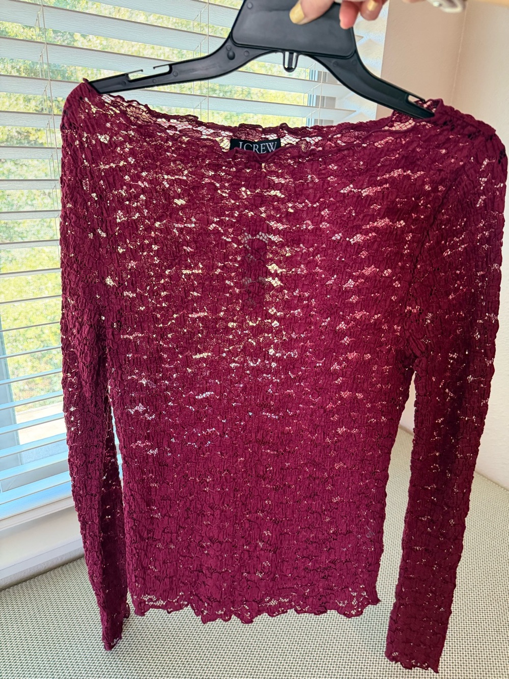 J.Crew Burgundy Stretchy Lace Boatneck Long Sleeve Top #155